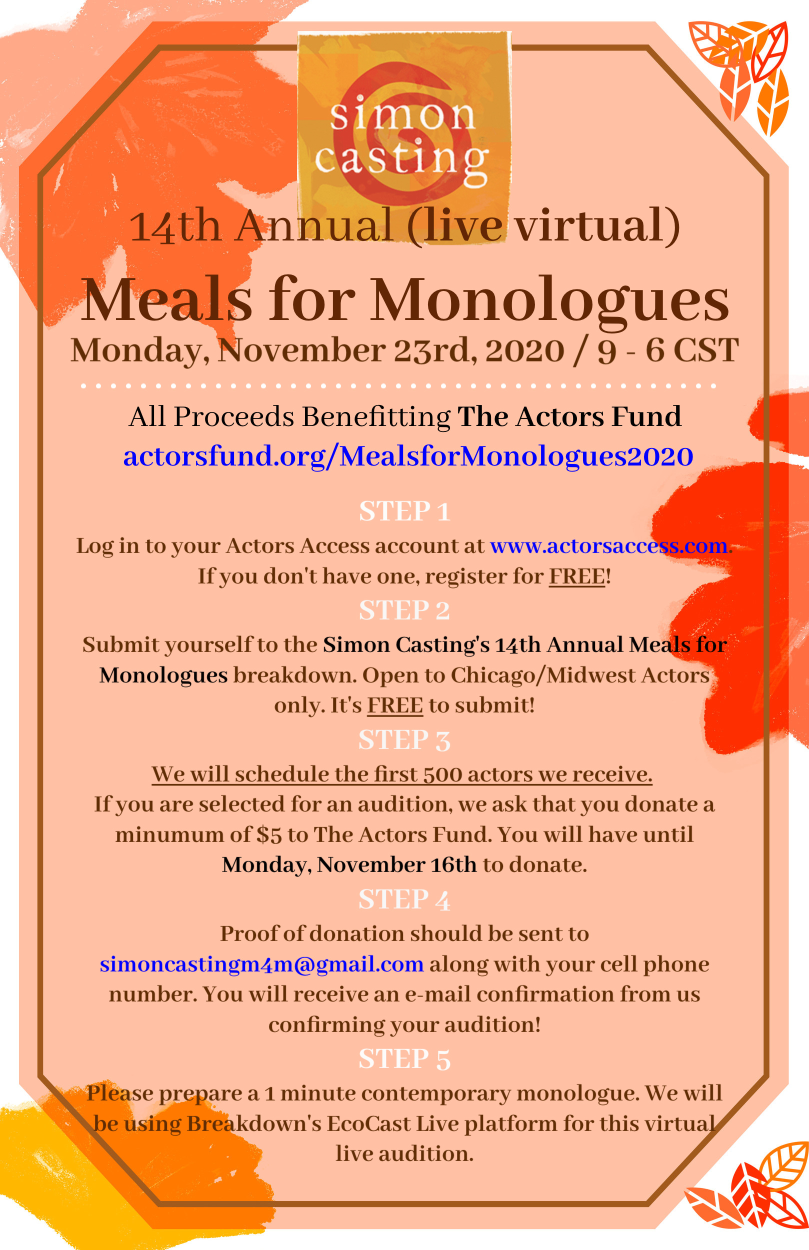 Feature Photo for 14th Annual LIVE Virtual Meals For Monologues